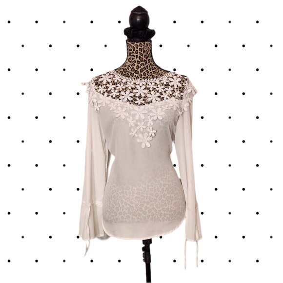 Tops - White Blouse with flower detail and wrist ties SIZE XL